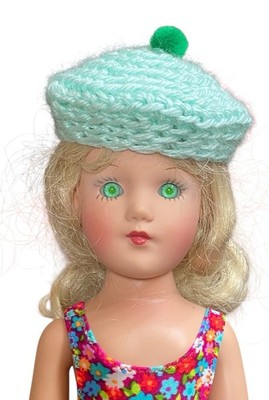 Mary Hoyer Doll Winter Hat Crochet Tam Pom Pom Beret Mint Green Aqua 14  Vtg