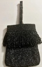 VTG 1920s Flapper Evening Bag Black Oil Slick Glass Beaded Fringe Wristlet Purse