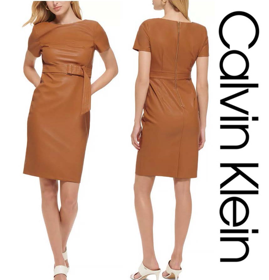 NWT CALVIN KLEIN Luggage Brown Faux Leather Dress Belted Exposed Back Zip  Sz. 14