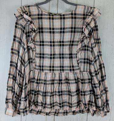LOFT Size Large Multicolor Plaid Ruffle Long Sleeve Womens Top