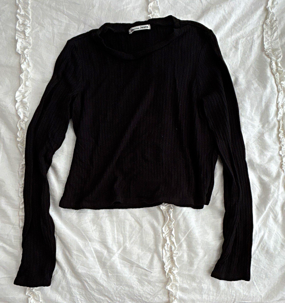 Reformation Jeans Black Rib-Knit Crew Neck Long Sleeve M