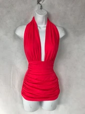 Omo Norma Kamali Vintage USA Cherry Red Ruched Sarong Halter Bathing Suit Size S