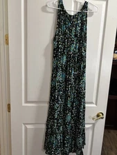MSK Women’s Long Dress Black Size 3X Gathered Neckline White Green Blue Spotted