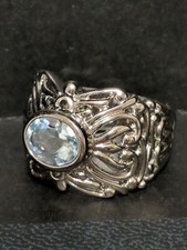 Sterling Silver Blue Topaz Statement Ring   Size 10   Heavy Scrollwork Design