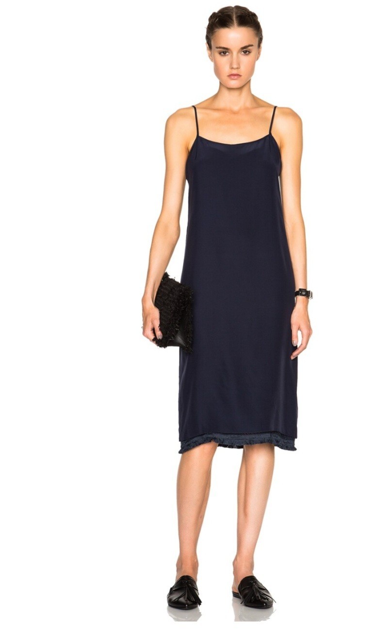 Jenni Kayne 100% Silk Midi Slip Dress Navy Blue Size Small Layered Fringe Slip