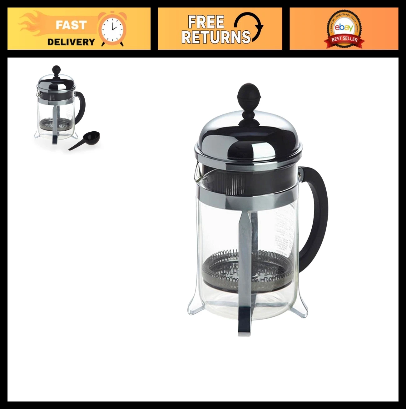 17oz French Press Coffee Maker - High-Heat Borosilicate Glass, Stainless Steel,