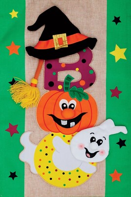 Halloween Witch Pumpkin Ghost Boo 3D Applique Burlap Garden Flag 18'' x 12''