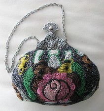 Antique Victorian Silver Filigree Frame Pink Floral Multi Color Bead Puffy Purse