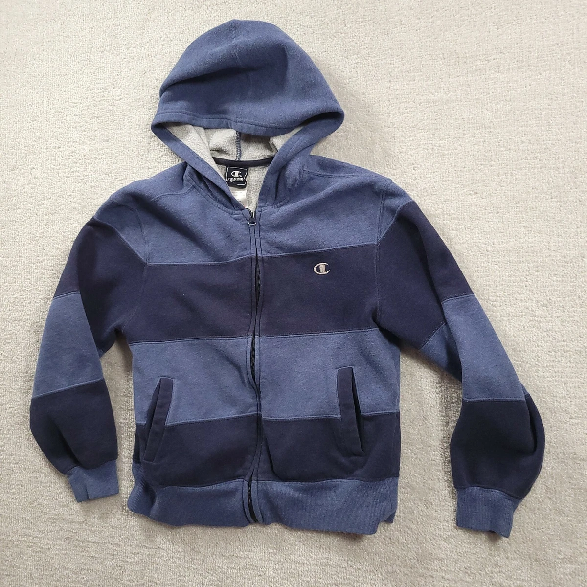 Champion Hoodie Full Zip Sweatshirt Youth Medium Blue Striped Boys