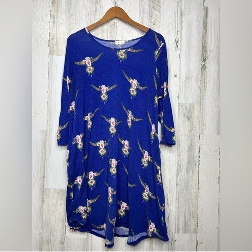 Southern Stitch Damen Western Southwestern Blumen Kuh Totenkopf Kleid blau Größe 1x
