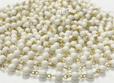 20 FEET VINTAGE JAPANESE WHITE 6mm. BEADED BRASS ROSARY LINK CHAIN 2473