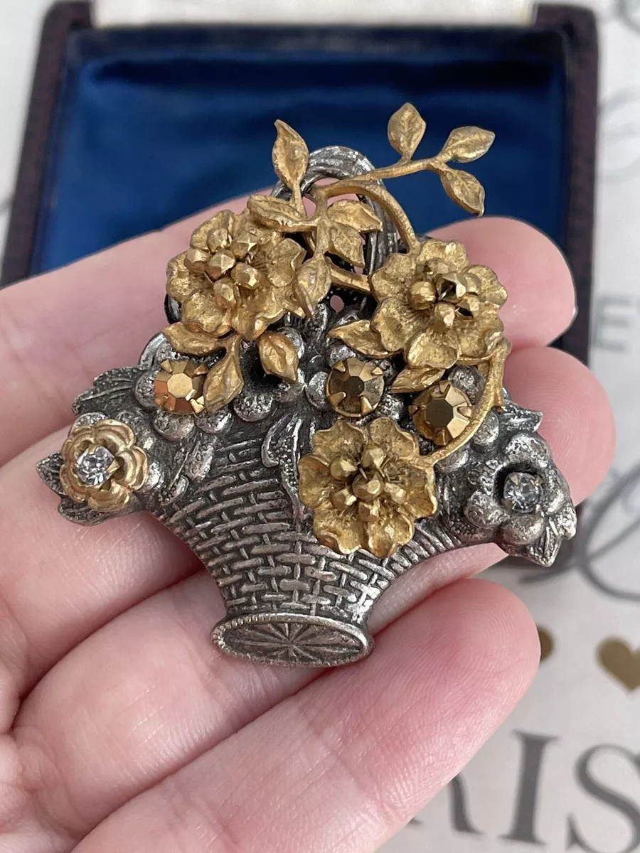 Miriam Haskell brooch Flower Basket Flowers Brown Bids Vintage 1950s Very Rare