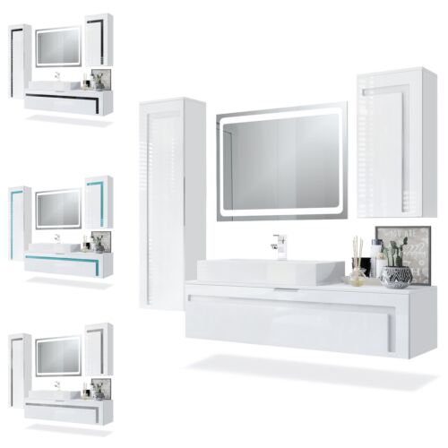 Badmöbel Komplett Set Weiß Badezimmer Spiegel LED Beleuchtung Hochglanz Aloha - Bild 1 von 32