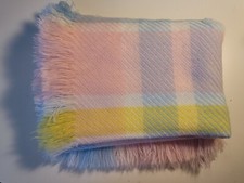 VTG Woven Baby Blanket Fringe Pastel Pink Blue Yellow Plaid Acrylic flaw Rare A2