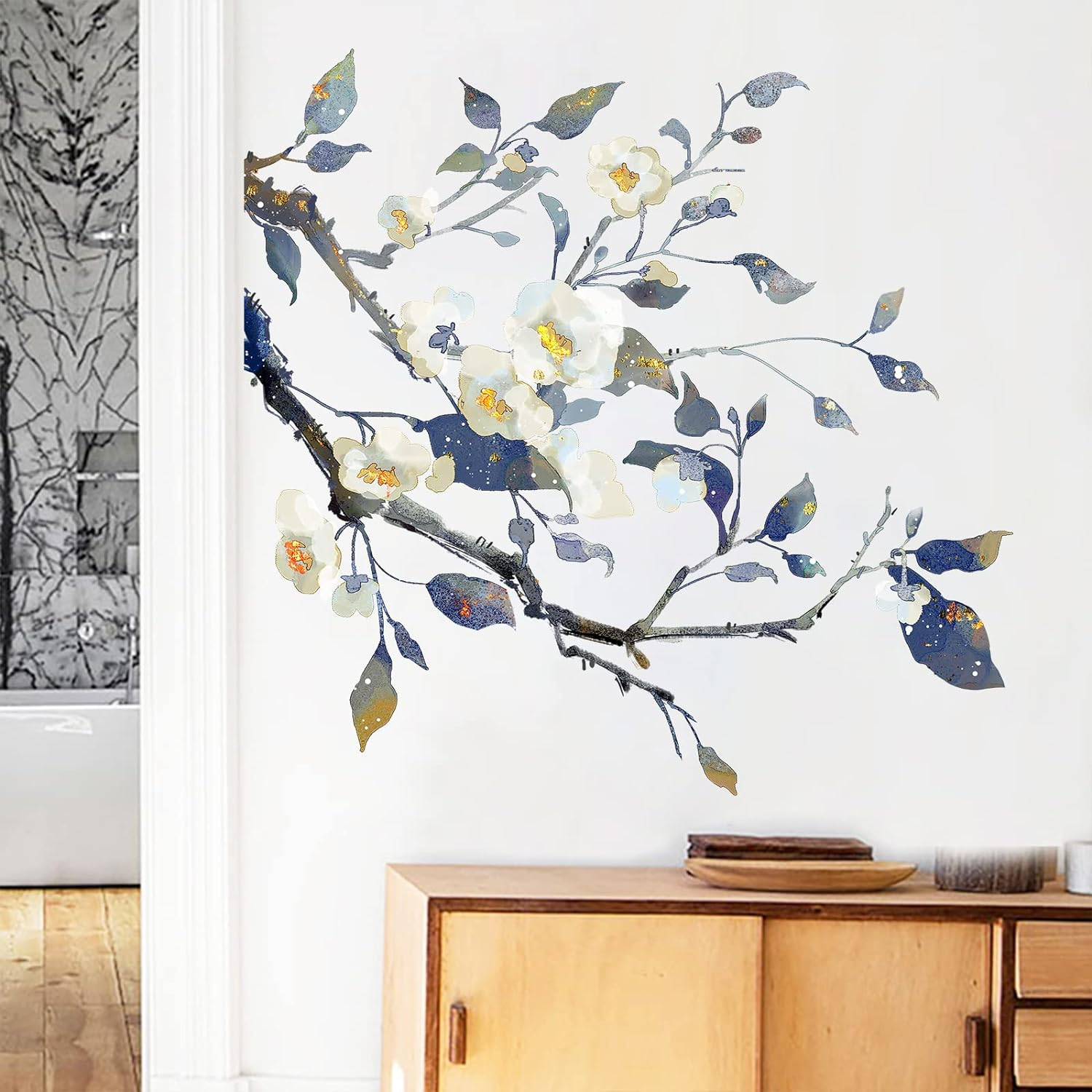 Camellia Flower Tree Wall Decals Living Room Floral Wall Stickers Removable Peel