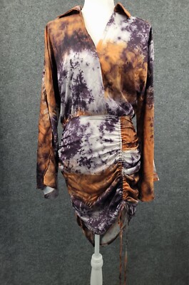 brown tie dye long sleeve dress Ruched Mesh V-Neck, Tamara Tie Dye Midi Dress in Brown, Size XS, For GNO/Date Night
