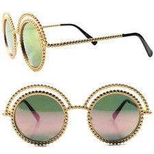 Upscale Celebrity Fashion Vintage Retro Gold Womens Designer Round Sunglasses