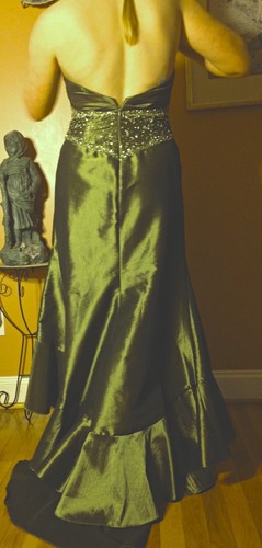 VTG Tiffany Taffeta Green Gown Shimmer Aurora HighLow Ruffle Strapless Jewels 8 - Picture 5 of 12