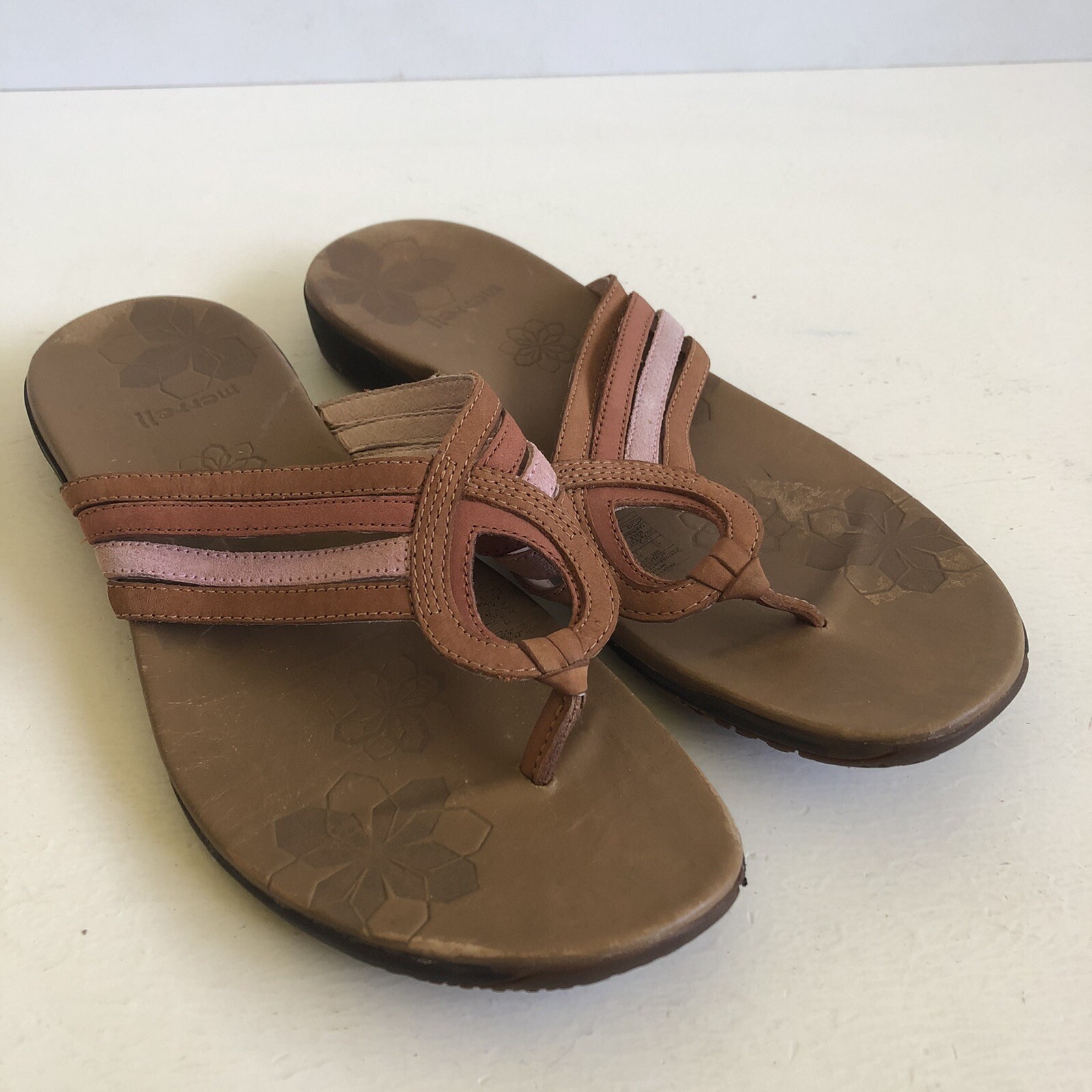 Sandali infradito Merrell donna taglia 10 marroni infradito pelle cinturino piatto floreale