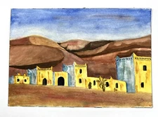 Watercolor Painting Desert Buildings Pueblos Village Folk Art 7x10” Contemporary