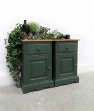 PINE BEDSIDE TABLES. DARK GREEN NIGHTSTANDS. PAIR OF RUSTIC BEDSIDES.