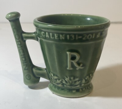 Vintage Coricidin Green Pottery Mug RX Galen Schering Pharmacy Cup Mortar Pestle