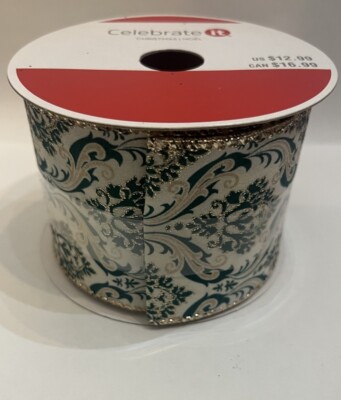 2.5  x 20ft  Wired Ribbon. Green And Vanilla White.Christmas, Party, Wedding