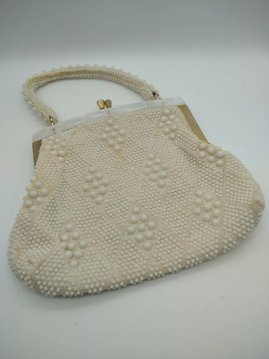 Vintage Beaded Ivory Purse Bag Mother of Pearl Trim Handle Clasp Hong Kong