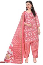 Women Brown Cotton Printed Ready To Wear Patiala Salwar Suit