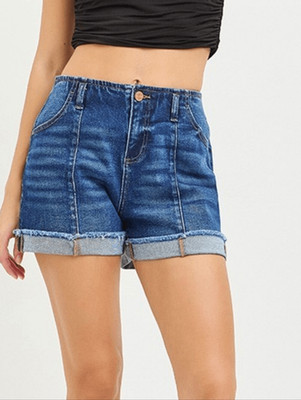 RISEN Los Angeles Front Seam Jean Shorts High-Rise Rolled Hem