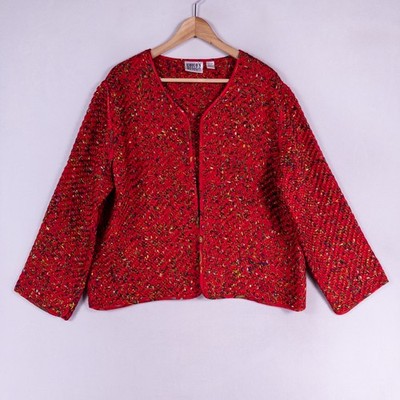 Chicos Design Jacket Womens 3 US XL Red Silk Woven Basket Weave Open Front Art