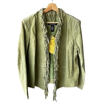 Dialogue Leather Jacket Coat Sage Green Washable Fringe Western Boho NWT Medium