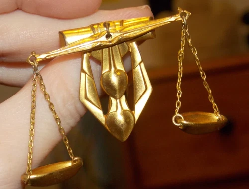 Vintage Art Deco Scales of Justice Goldtone Fur Scarf Clip  Unsigned Jewelry