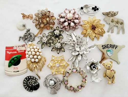 Lot of 19 Vintage Brooches Rhinestone Coro Costume Jewelry Unisex
