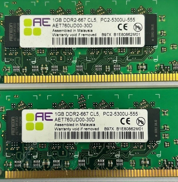 2GB (2x1GB) Aeneon AET760UD00-30 PC2-5300U 667MHz DDDR2 Computer Memory RAM Kit - Image 2 of 3