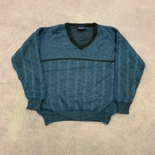 Vintage Knitted Jumper abstract patterned v-neck grandad knit sweater Men's L