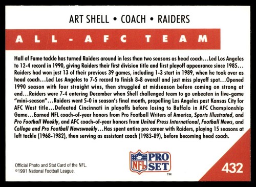 1991 Pro Set Art Shell Los Angeles Raiders #432 - Picture 2 of 2