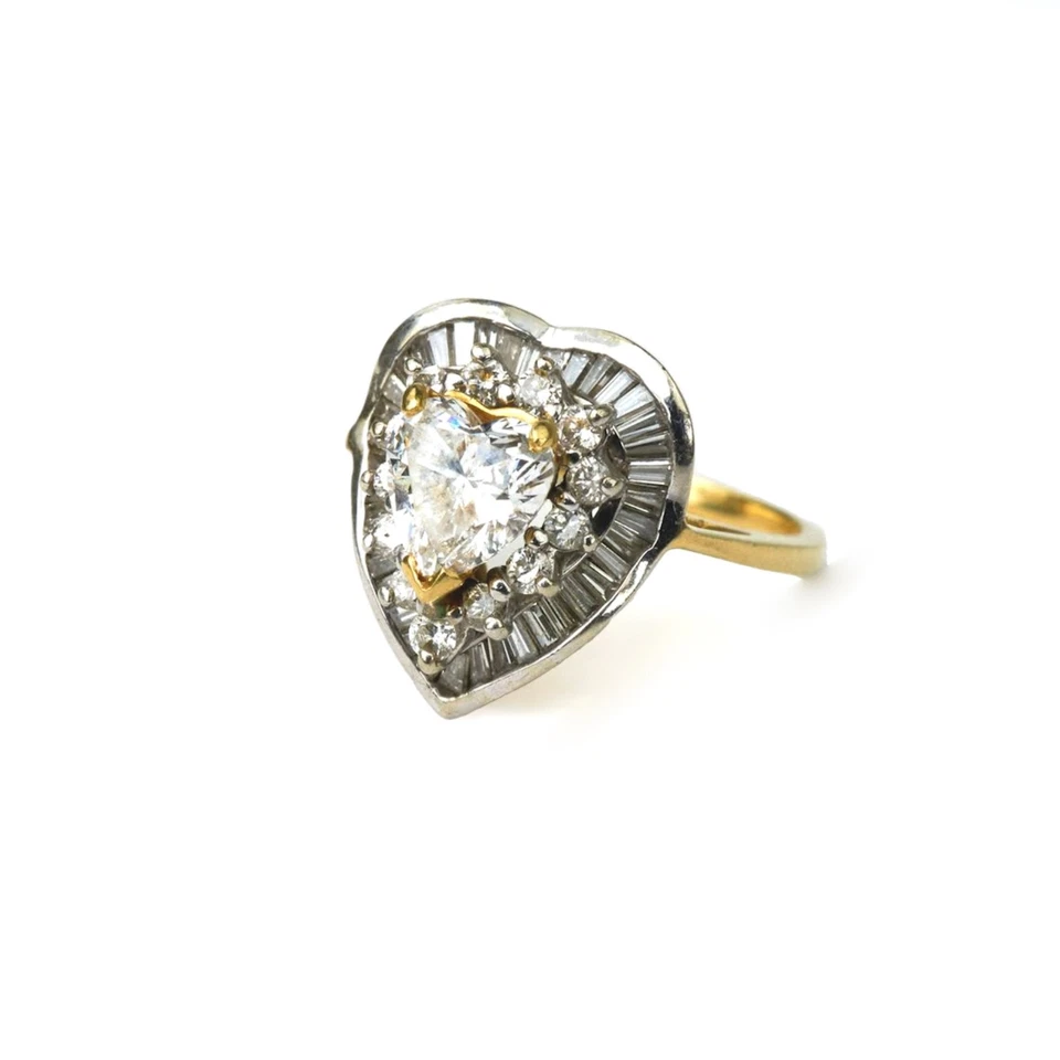 Anillo de diamantes con corazón vintage Art Deco de oro macizo de 18 quilates/14 quilates, 1,55 CTW Foto 2 de 4