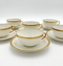 Antique Limoges France Set of 6 Tea Cups  Saucers Gold Encrusted Trim Edwardian