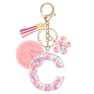 JSRQT Initial Letter C Keychain for Girls, Cute Pink Flower Resin Alphabet Ke...