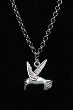 Hummingbird Necklace Silver Pewter Charm 3/4" Pendant 3mm Stainless Chain 18"