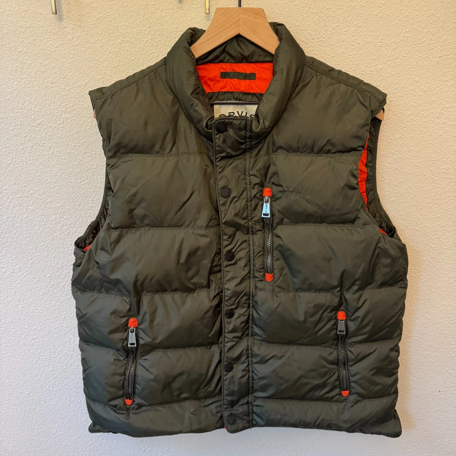 Orvis Essex Down Puffer Vest Men's L Green Orange Pockets Fishing Hiking