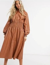 ASOS DESIGN Faux Leather Midi Shirt Dress Cognac Brown smocked  Waist Size 6