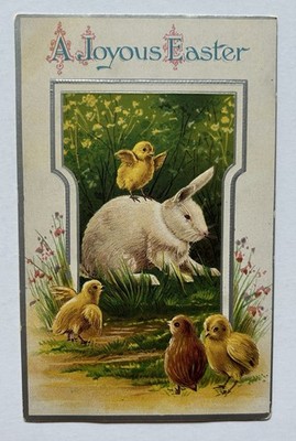 A Joyous Easter Rabbit & Chicks Embossed Easter Greeting Postcard E5