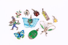 Vintage Mixed Grade Silver MOP Enamel Butterfly Collage Emerald Pendants x10 52g