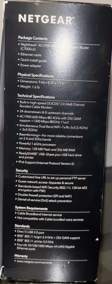 NETGEAR Nighthawk AC1900 WiFi DOCSIS 3.0 Cable Modem Router (C7000) - Image 4 of 4