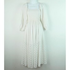 Free People White Smocked Eyelet Lace Midi Dress Cottagecore Perfect Storm XS