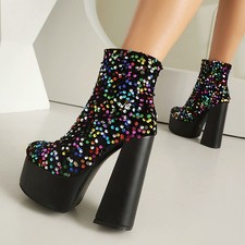 Women's High Block Heel Zip Sequins Ankle Short Boots Club Party Dress Shoes New