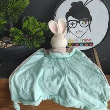 Doudou lapin bleu beige gris Nature Et Découvertes Tête Caoutchouc Bio Grelot