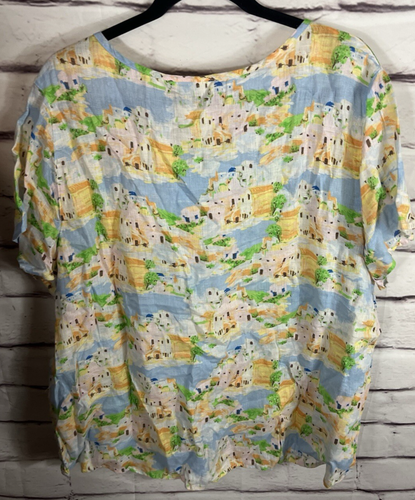 Blusa manga corta Cynthia Rowley para mujer talla 3X blanca/multicolor 100 % lino nueva con etiquetas - Imagen 2 de 4